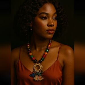 VINTAGE 1970s Runway HANDPAINTED Wooden Bead Statement Pendant Necklace Bold Boh